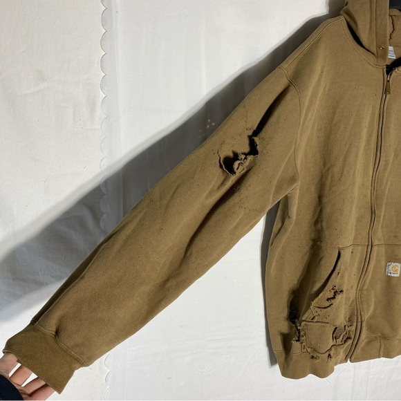 Carhartt Tan Expertly Worked In Destroyed Distressed Zip Hoodie XL - Picture 8 of 16